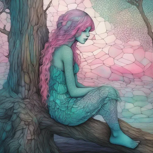 Prompt: Beautiful zentangle woman  sitting on a log, teal pink hair, stained glass effect, pastel rainbow colours, frilling, shading, beksinski