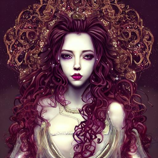 long red curly hair tied up in a messy bun, big eyes... OpenArt