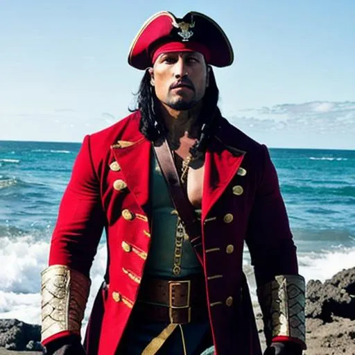 Prompt: Dwayne Johnson pirate captain long red coat