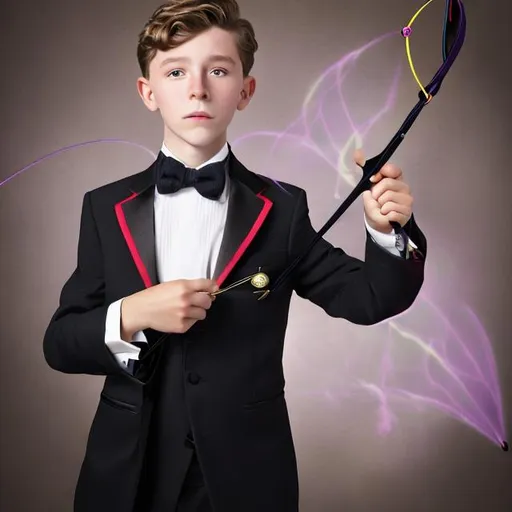 Prompt: 13 year old boy in a tuxedo stretching his magic bow tie causing a magic spell to come flying out of the knot of his bow tie 