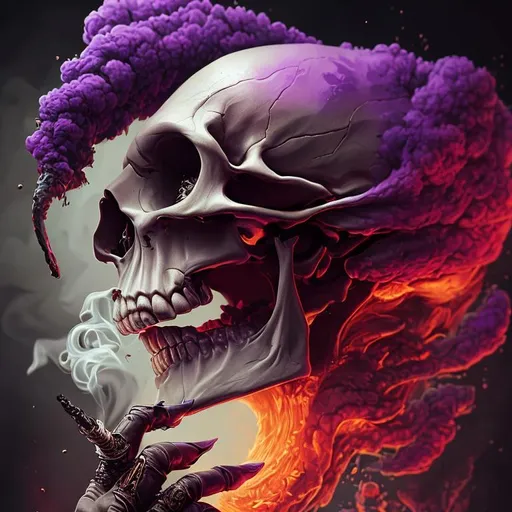 Prompt: human skull smoking a massive joint, plumes of purple smoke,  fantasy art, in the style of artgerm, illustration, epic, fantasy, intricate, hyper detailed, artstation, concept art, smooth, sharp focus, ray tracing, vibrant, photorealistic, bisley, simon