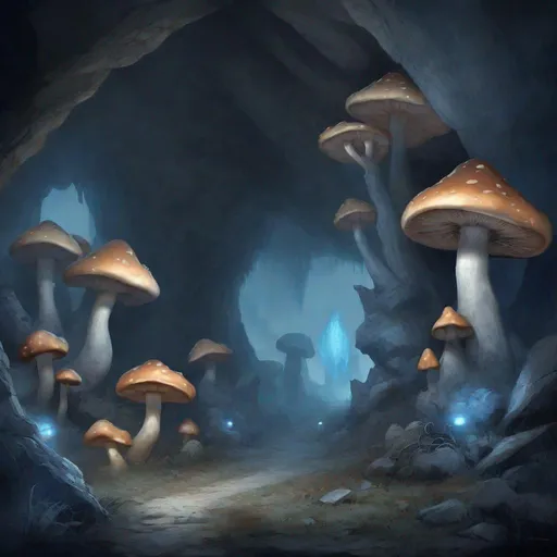 Prompt: Mushroom cavern, grey mist, darkness, blue light, Blackstone, cavern huge mushrooms, fungus village