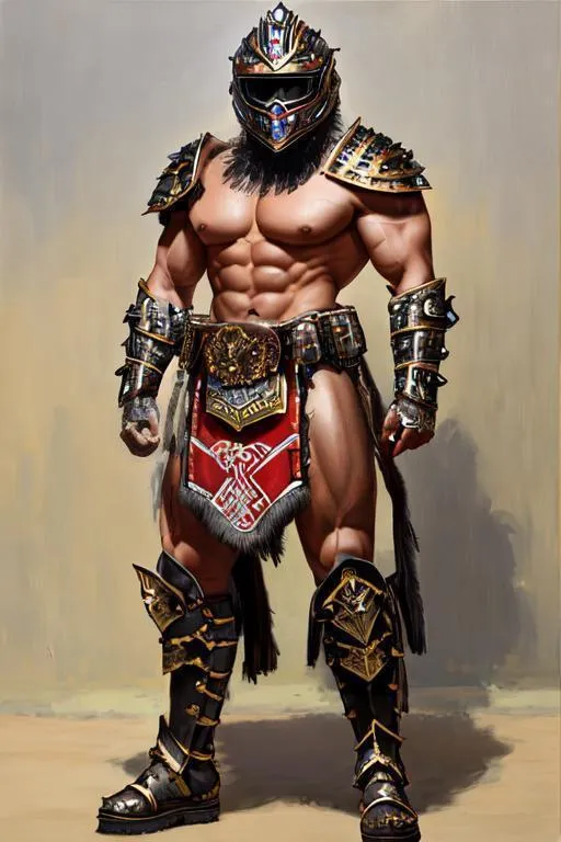Prompt: oil painting, full body, bare chested strong muscular, male warrior character, has a motocross mx helmet wears a long skirt made of leather and metal, wears gauntlets and armored boots, war paint and tribal tattoos