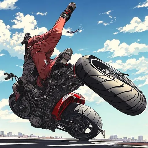 Prompt: anime Akira motorcycle doing backflip