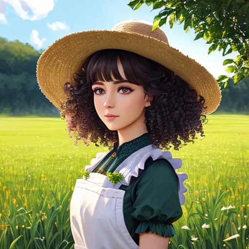 Prompt: half body portrait, female , 
 detailed face, detailed vibrant eyes, full eyelashes, ultra detailed accessories, detailed grassy field background, farming apron and dress, curly messy hair, bangs, dnd, artwork, fantasy,inspired by D&D, concept art, ((looking away from viewer))
