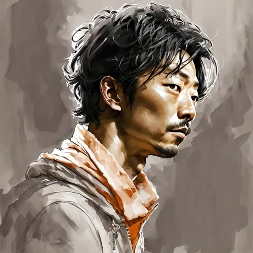 Prompt: Matsumoto Hoji style handsome korean actor Gong Yoo portrait

