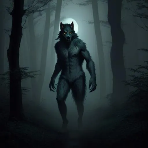 Prompt: A werewolf in the woods of mist, style of Night vision 