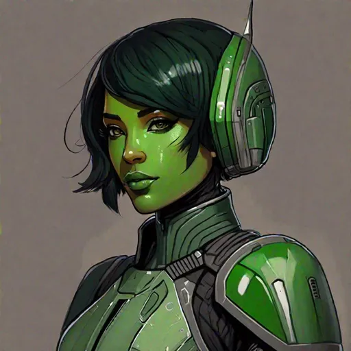 Prompt: A green skinned scifi green female mandalorian cyborg with green skin. she has short black hair. mandalorian uniform. she has green skin. Handsome. well drawn face. detailed. star wars art. 2d art. 2d