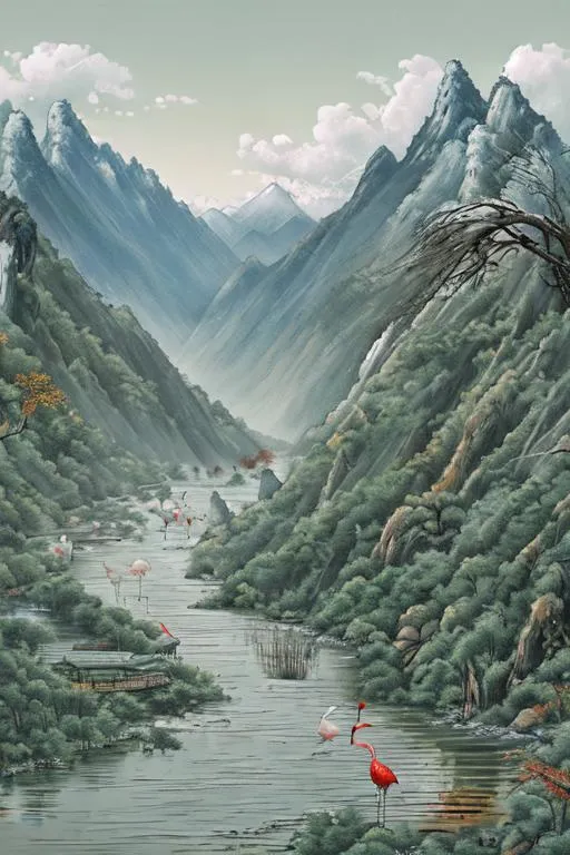 Prompt: Chinese crane fishing river mountains valley