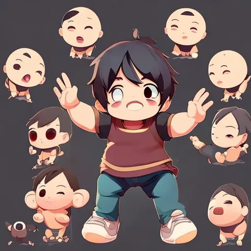 Prompt: 2d character, small body, adult human face, small chubby cute body, boy


