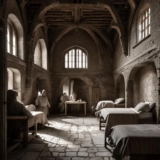 Prompt: medieval hospital with beds, patients and nurses.
viewed from the outside, texture, intricate, details, highly detailed, masterpiece, architecture, building, trending on artstation, focus, sharp focus, concept art, digital painting, fantasy, sunny, day, midday