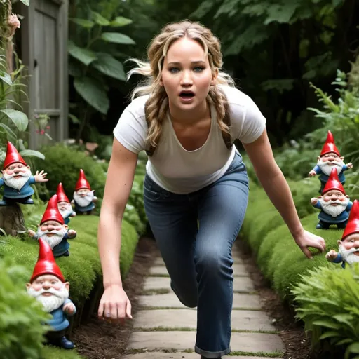 Prompt: Jennifer Lawrence being pursued and hunted by garden gnomes, terrified