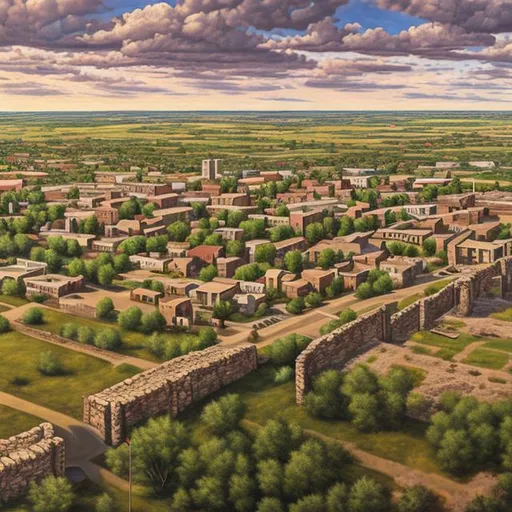 Prompt: A realistic oil painting of Denton Texas town with a stone wall securing it bird eye view 