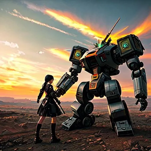 Prompt: Fierce anime girls with robots fighting in a desolate wasteland, savage, gritty, intense, barren, apocalyptic, realistic, intricate details