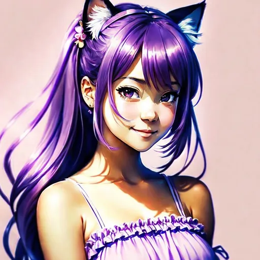 Cartoon Cat with Long Purple Hair and Big Eyes