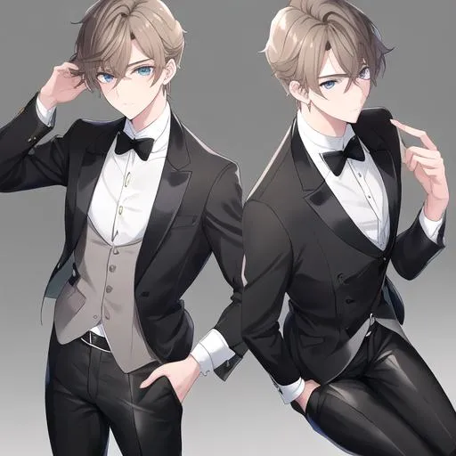 Prompt: Alex 1male. Short light brown hair. Soft and mesmerizing light grey eyes. Wearing a sleek black button-up shirt, paired with tailored black pants and shiny leather shoes. He completes the look with a stylish black vest and a classic black bow tie. UHD, 8K