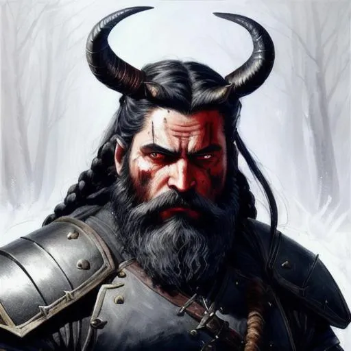 Prompt: ultra realistic face, oil painting, upper body, wears Scale armour , male Human character, has long great black beard that rests upon his shoulders, male braids, His Eyes are glowing Red, wielding a great Hammer, He has a scar on his Face, He is a Bloodhunter, DnD, She is located in a Dark forest. He has Dark Stag Horns, She has dark ashen skin colour, He looks like the turkic god Erlik,
