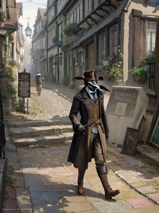 Prompt: A stunning watercolor impressionist painting of steampunk Plague doctor walkin cobble road around United Kingdom, The painting is rendered in HDR, DTM, full HD, and 8K resolution, with ultra-detailed brushwork that captures every nuance and detail of the character's iconic suit and features., highly detailed, digital painting, artstation, hyperrealistic, sharp focus, illustration, art by artgerm and greg rutkowski and alphonse mucha, 8k, pretty eyes, award-winning cgi, blender, headshot