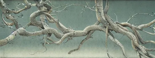 Prompt: Densely tangled forest branches  evocative, highly detailed. japanese Art ,  Symbolism, Ornamental, Brad Kunkle