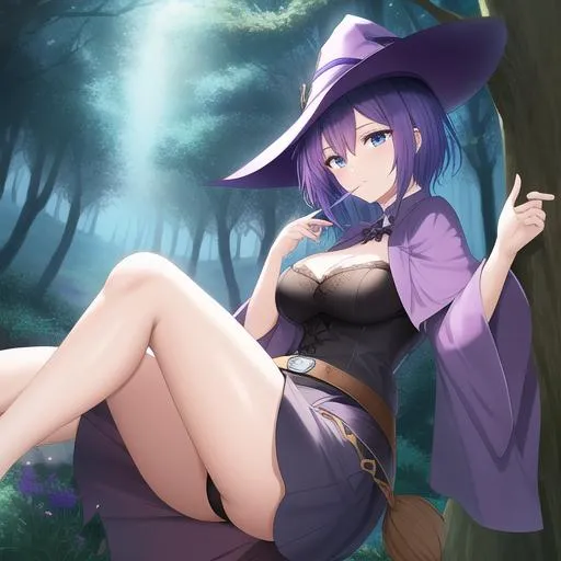 Prompt: Witch with short purple hair and dark blue eyes in a magical forest looking down at a kingdom in the background 