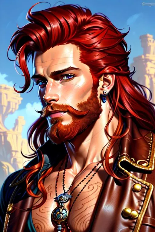 Prompt: portrait of a young ruggedly handsome but charming pirate, male, masculine, upper body, red hair, long hair, d & d, fantasy, full lips, intricate, elegant, highly detailed, digital painting, artstation, concept art, matte, sharp focus, illustration, art by artgerm and greg rutkowski and alphonse mucha