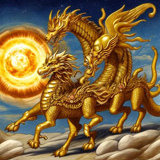 Prompt: a sun dragon pulling helios's sun chariot