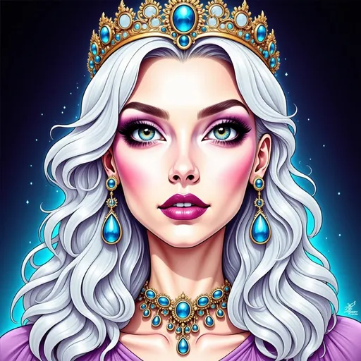 Prompt: This image is a digital drawing in a comic or illustrative style, depicting a regal, fair-skinned woman with striking features. Her face is centered in the frame, occupying most of the space. She has long, wavy, silver-white hair that cascades down her back, partially visible on the left side of the image. Her eyebrows are dark, well-defined, and slightly arched, contrasting with her pale complexion. Her eyes are large, blue, and expressive, with long, dark eyelashes. She wears a metallic, ornate crown adorned with a large, blue gemstone at the center. Her lips are painted a deep, rich purple, adding a bold contrast to her otherwise monochromatic appearance. She is also wearing matching blue gemstone earrings that dangle elegantly. A delicate, silver necklace with small, round gems encircles her neck. The background is a dark, gradient blue, which helps to highlight the subject's lighter features and the blue gemstones in her accessories. The overall texture of the drawing is smooth, with precise, clean lines and a slightly shaded, three-dimensional effect that gives the image depth and realism. The style is reminiscent of fantasy or comic book art, focusing on dramatic contrasts and regal, ethereal qualities.