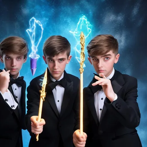Prompt: Three 13-15 year old magic brothers in tuxedos casting a spells with there magic wands