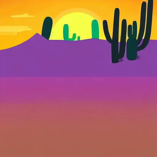 Prompt: a landscape silhouette of a desert with some cactus, vector style, good gradient, vibrant sunset
