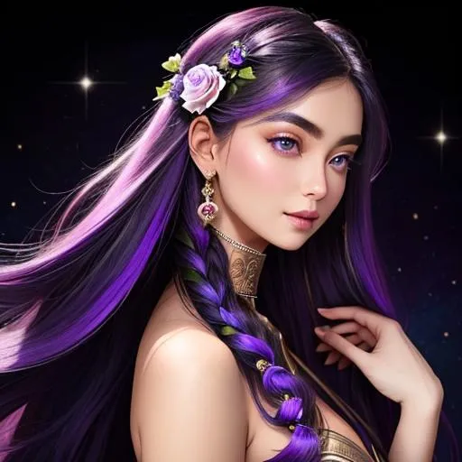 Prompt: Cosmic Epic Beauty, Beautiful and Gorgeous, purple roses in hair