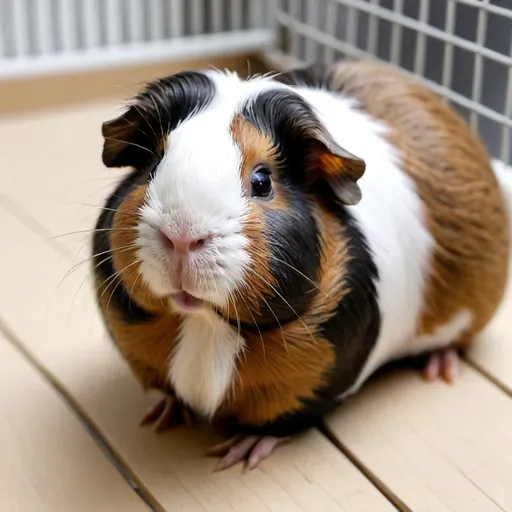 Prompt: Cute guineapig black brown and white not in cage extremley cute