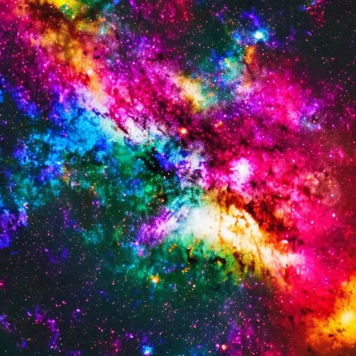 Prompt: Pink red blue and yellow explosion creating the galaxy 