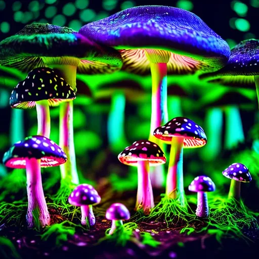 Prompt: Neon Magic mushroom forest with frogs