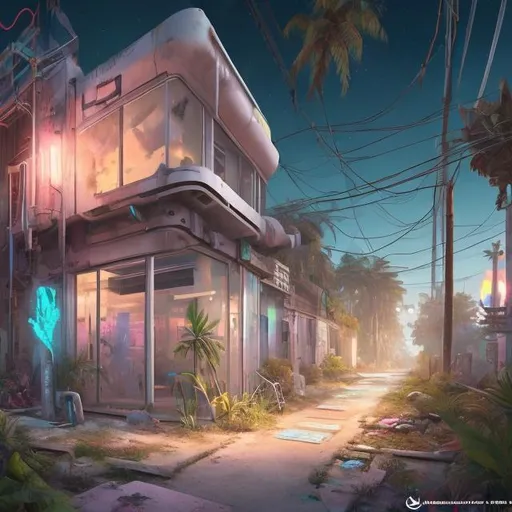 Prompt: futuristic, art gallery, night, abandoned small white industrial building, tiny neighborhood, chillwave, tropical island, ultra detailed, cinematic lighting, photorealistic, realistic details, wide view