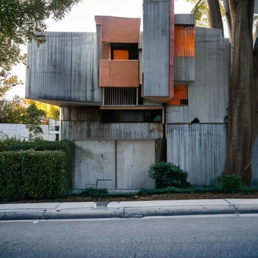Prompt: a neighborhood of brutalist architecture home.
