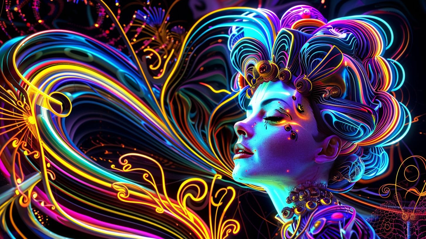 Prompt: 3D render capturing a woman of the future, illuminated by neon art nouveau motifs. Her look, embellished with cybergoth facets, contrasts strikingly against a magewave-themed backdrop. The scene pulsates with vibrant hues and labcore technological artifacts, marrying art and future in one frame. --ar 16:9 --style raw --sref https://s.mj.run/pKjOKuzUOZ0 --stylize 50