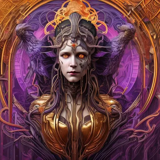 Prompt:  art Nouveau + cyberpunk style photo picture with gorges goddess of life and death head that has golden black orange and purple crest on forehead and colorful Calibri birds in back ground, cinematic, ultra realistic, super detailed, digital art