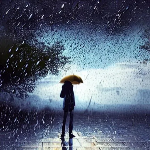 Prompt: Man in love looking at sky ,rain, lovely sene,dinamic,ultra realistic,alone,anime