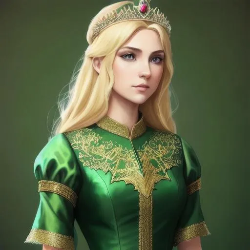 Prompt: beautiful girl, sleeved green silk dress bodice, blonde hair, green eyes, tiara, d & d, fantasy, intricate, elegant, highly detailed, digital painting, artstation, concept art, smooth, sharp focus, illustration