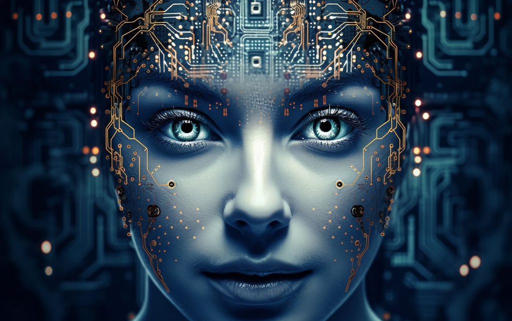 Prompt: circuit board with a human face from the point of view of the image, in the style of signe vilstrup, futuristic robots, mary jane ansell, uhd image, high resolution, shiny eyes, caras ionut