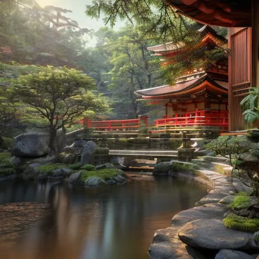 Prompt: Japanese temple, sunset, waterfalls, rocks, trees, nature, beautiful stylish view, 8k