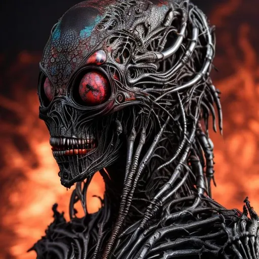 Prompt: Woman alien giger made of red glowing obsidian turquoise shell bone coral jet ultra detailed realistic 