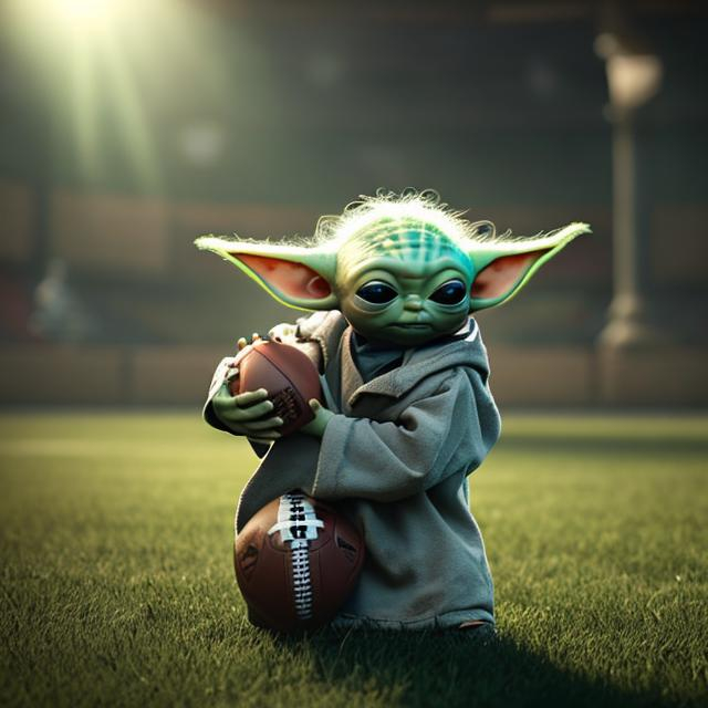 baby yoda throwing a football with great lighting in...