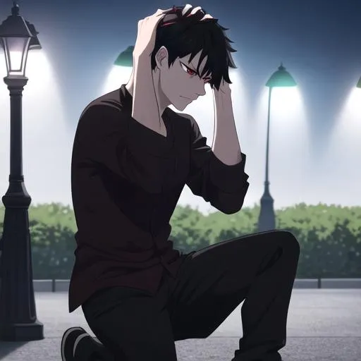 Prompt: Damien (male, short black hair, red eyes) in the park at night, casual outfit, dark out, nighttime, midnight, on his knees,hands on his head, angry
