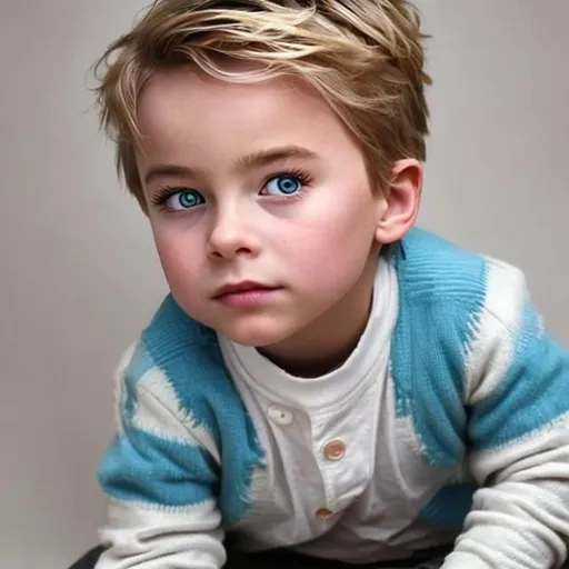 Prompt: can you make a picture of a boy child, a three year old whose parents are margot robbie and chris wood? Have blonde hair and a blue eyes.
