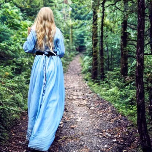 Prompt: a girl with long, flowing blond hair, blue eyes, and pale skin, wearing a long, light blue dress, with streaks of white and navy, and a silver belt and headband in the woods, on a path