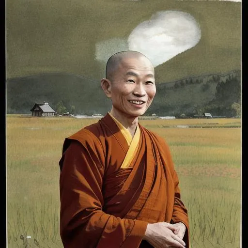 Prompt: Thich Nhat Hahn smiling wearing Buddhist monk attire in the style of Andrew Wyeth.