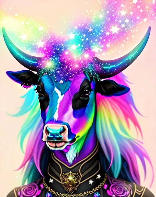 Prompt: Cow INK PASTEL, galaxy overlay full of stars, beautiful d&d portrait,  dark fantasy,  detailed,  realistic fur,  digital portrait,  intricate fur, dark fantasy, dark art, fiverr dnd character,  wlop,  artstation,  hd,  hyperdetailed, pawtrait,  beautiful pet portrait,  hd vector,  realistic and natural,  cosmic sky,  detailed,  nature,  8k fantasy by john stephens,  galen rowell,  david muench,  james mccarthy,  hirō isono,  surrealism,  elements by nasa,  magical,  detailed,  alien plants,  gloss,  punkcore artistic , beautiful, fantasy art, ink punk style, ink scattered, steam punk, pastel, rainbow, color punk, grunge, splattercore, rainbow pastel fur, heavy ink outline, sketchy, stars, glitter, galaxy overlay, PASTEL