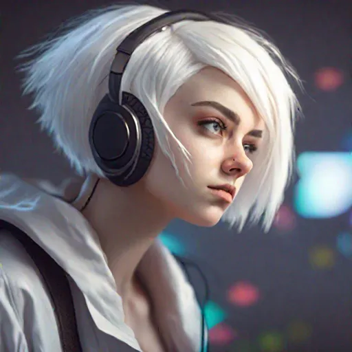 Prompt: hacker girl with short white hair looks slyly 