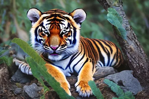 Prompt: cub  tiger cutest small in  forest with blue eyes,landscape with flower and trees ,nature,artistic,